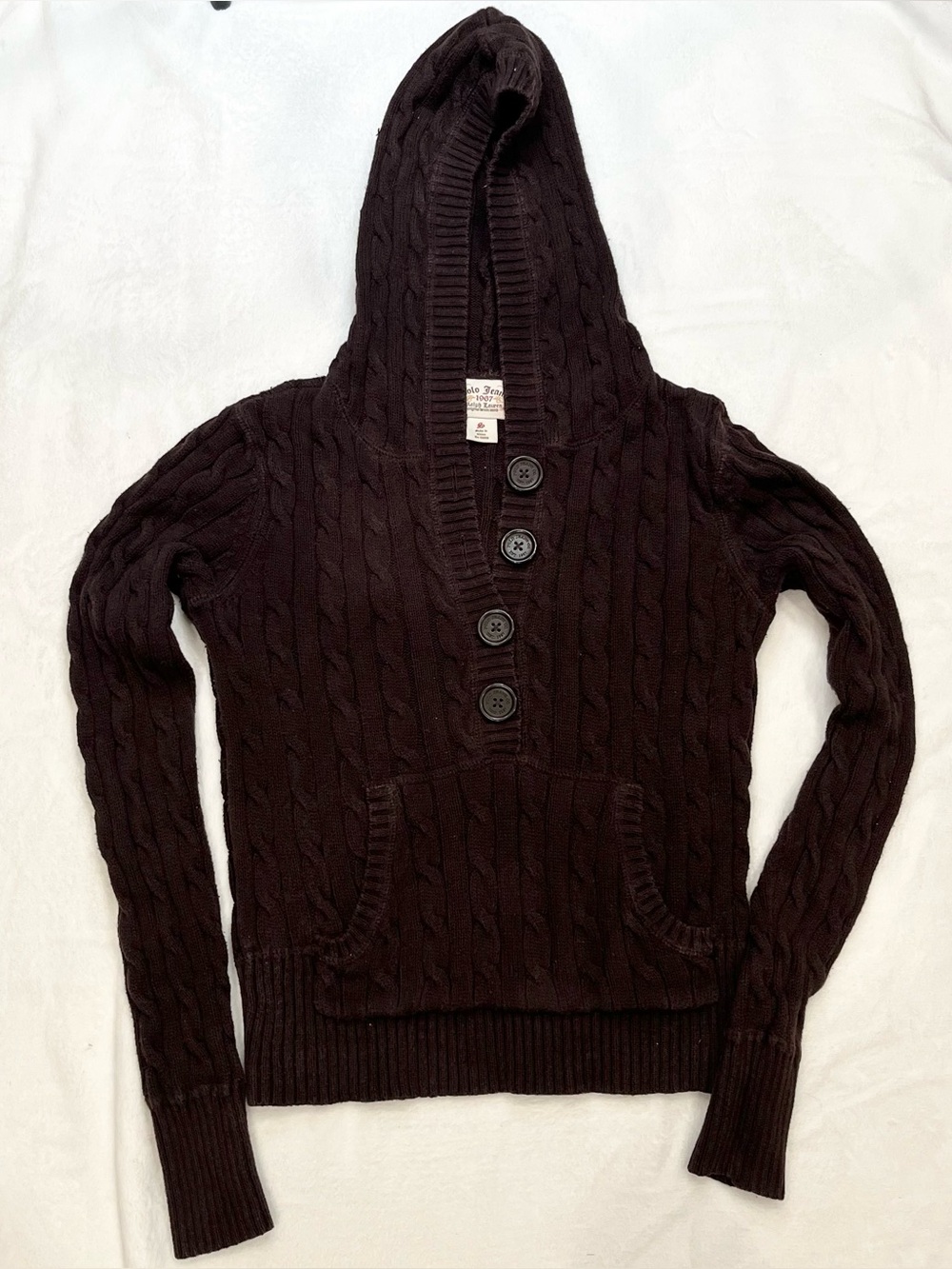 VTG Polo Jeans Ralph Lauren Y2K Cable Knit Sweater Size S Hooded Chunky Preppy